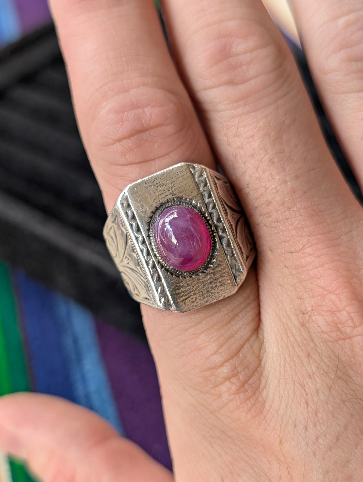 Chinese Export Silver Pink Star Sapphire Signet Ring for Shay