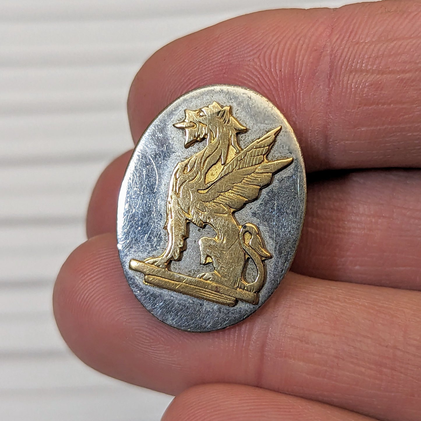 c.1880 Victorian Nickel & Gold Plate Brass Gryphon Lapel Button