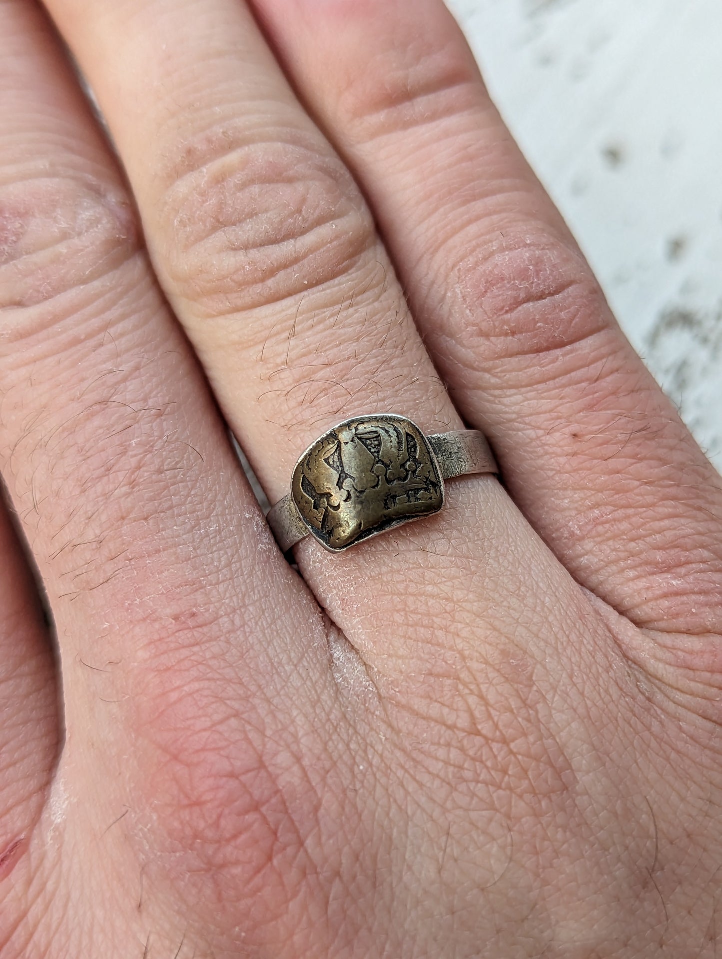 WWI Era Nickel & Brass Trench Art Crown Ring