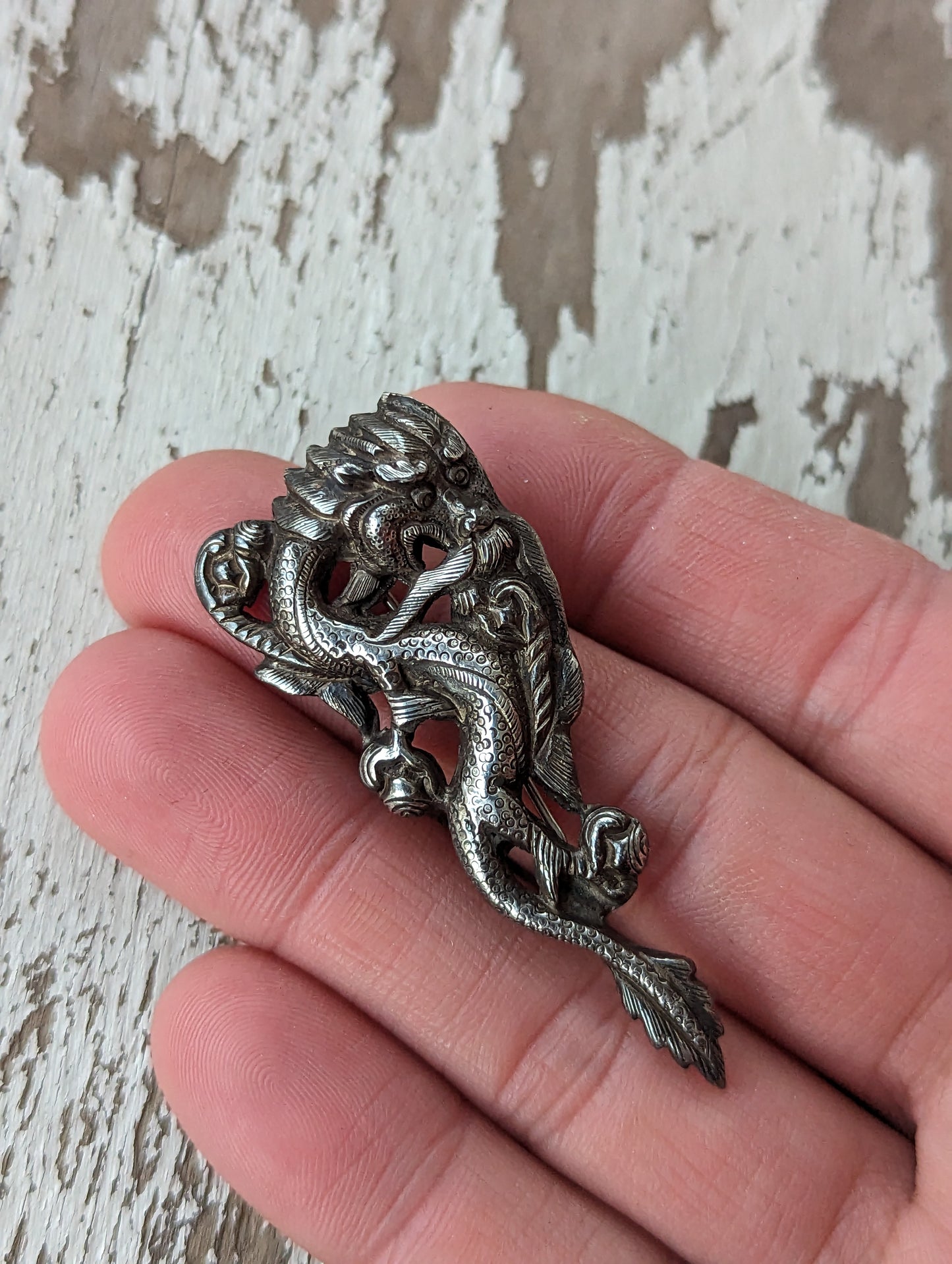 Antique *likely Korean* Repousse Sterling Dragon Brooch