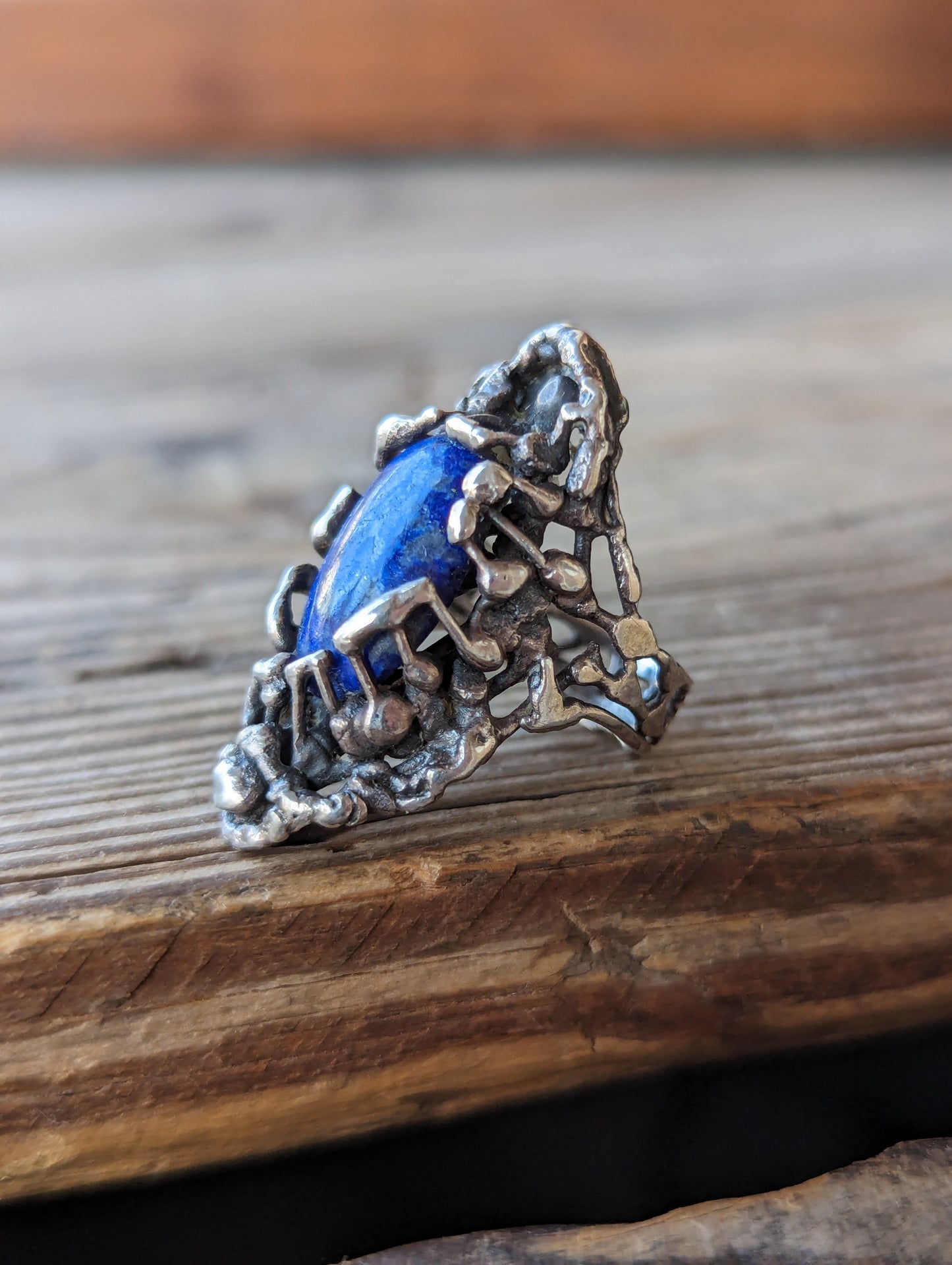 70s Sterling & Lapis Brutalist Ring