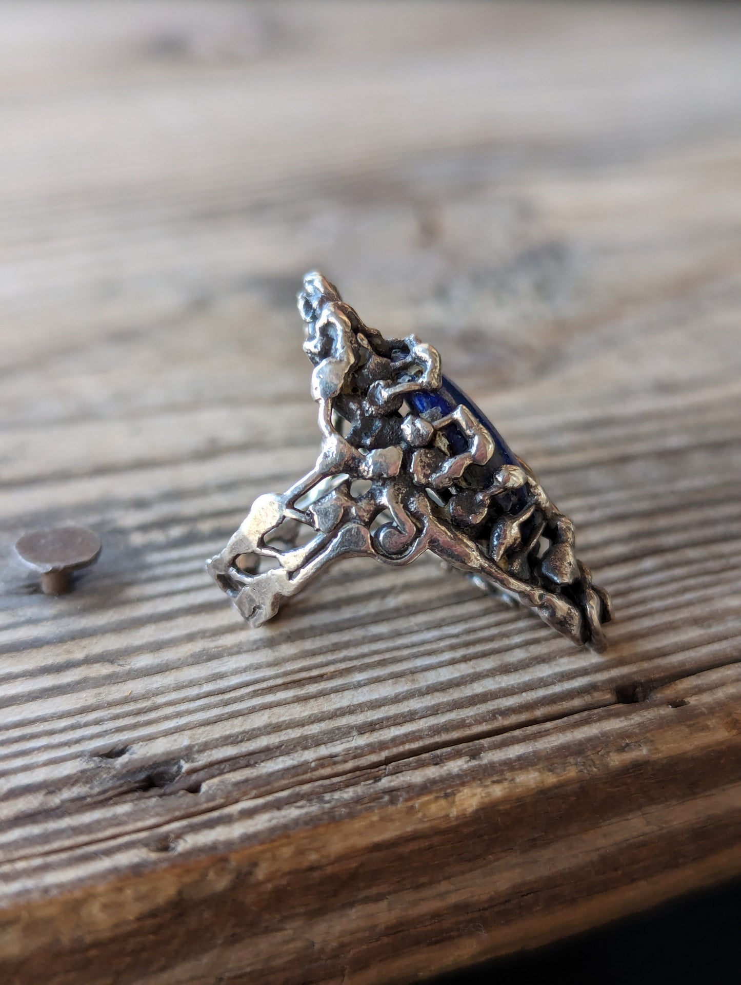 70s Sterling & Lapis Brutalist Ring