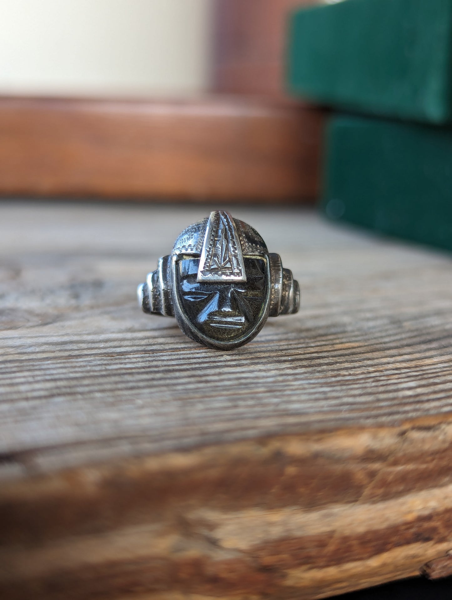 1950s Mexican Sterling & Obsidian Aztec Warrior Ring