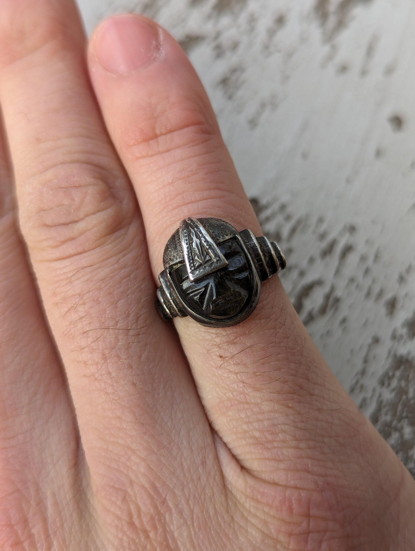 1950s Mexican Sterling & Obsidian Aztec Warrior Ring