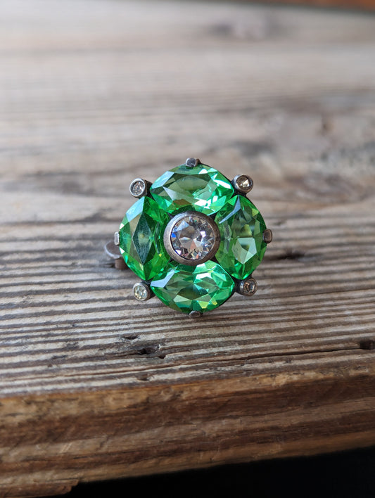 Uncas 1930s Deco Sterling, Paste Stone, & Uranium Glass Cocktail Ring