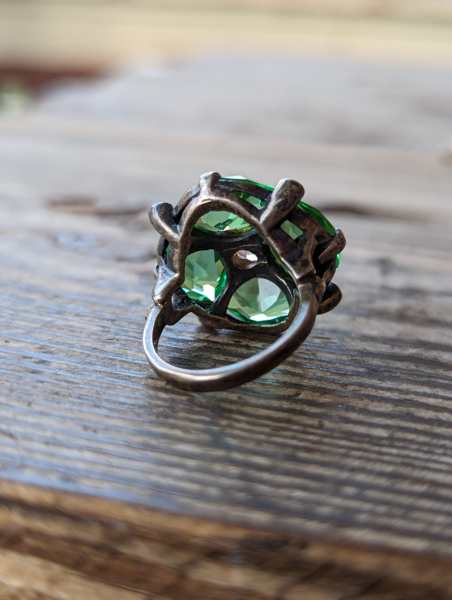 Uncas 1930s Deco Sterling, Paste Stone, & Uranium Glass Cocktail Ring