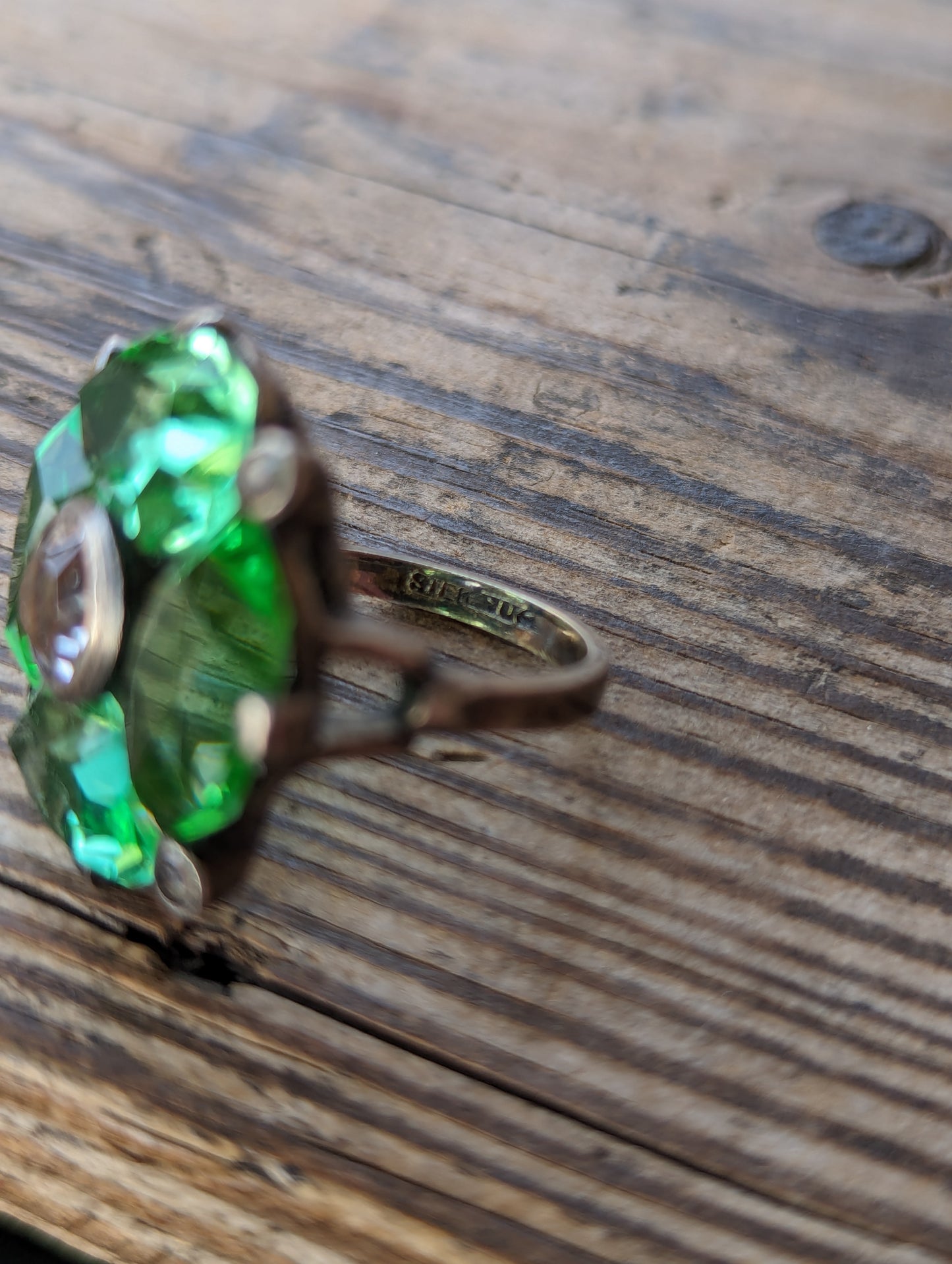 Uncas 1930s Deco Sterling, Paste Stone, & Uranium Glass Cocktail Ring