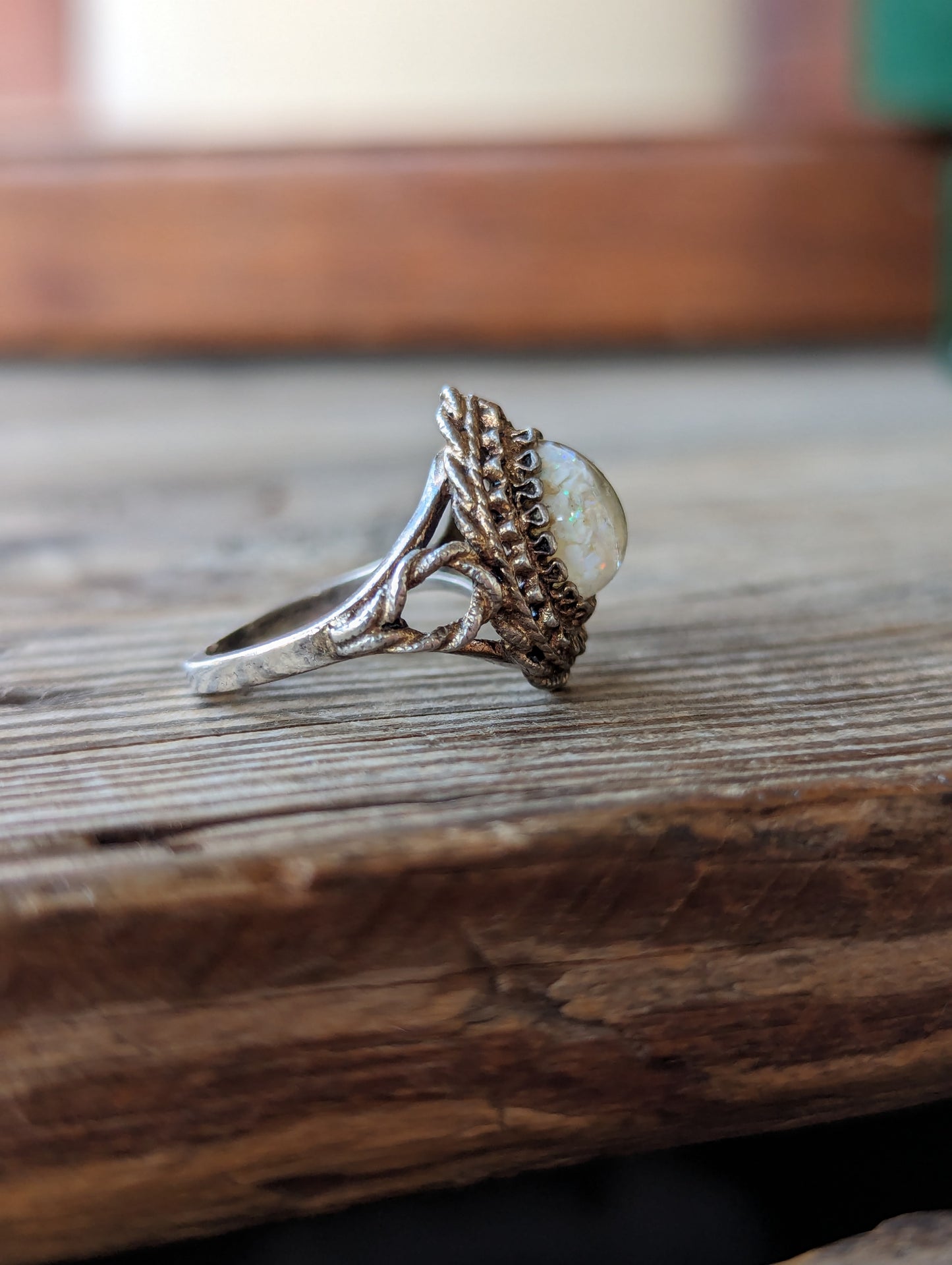 60s Sterling Filigree & Opal Cab Ring