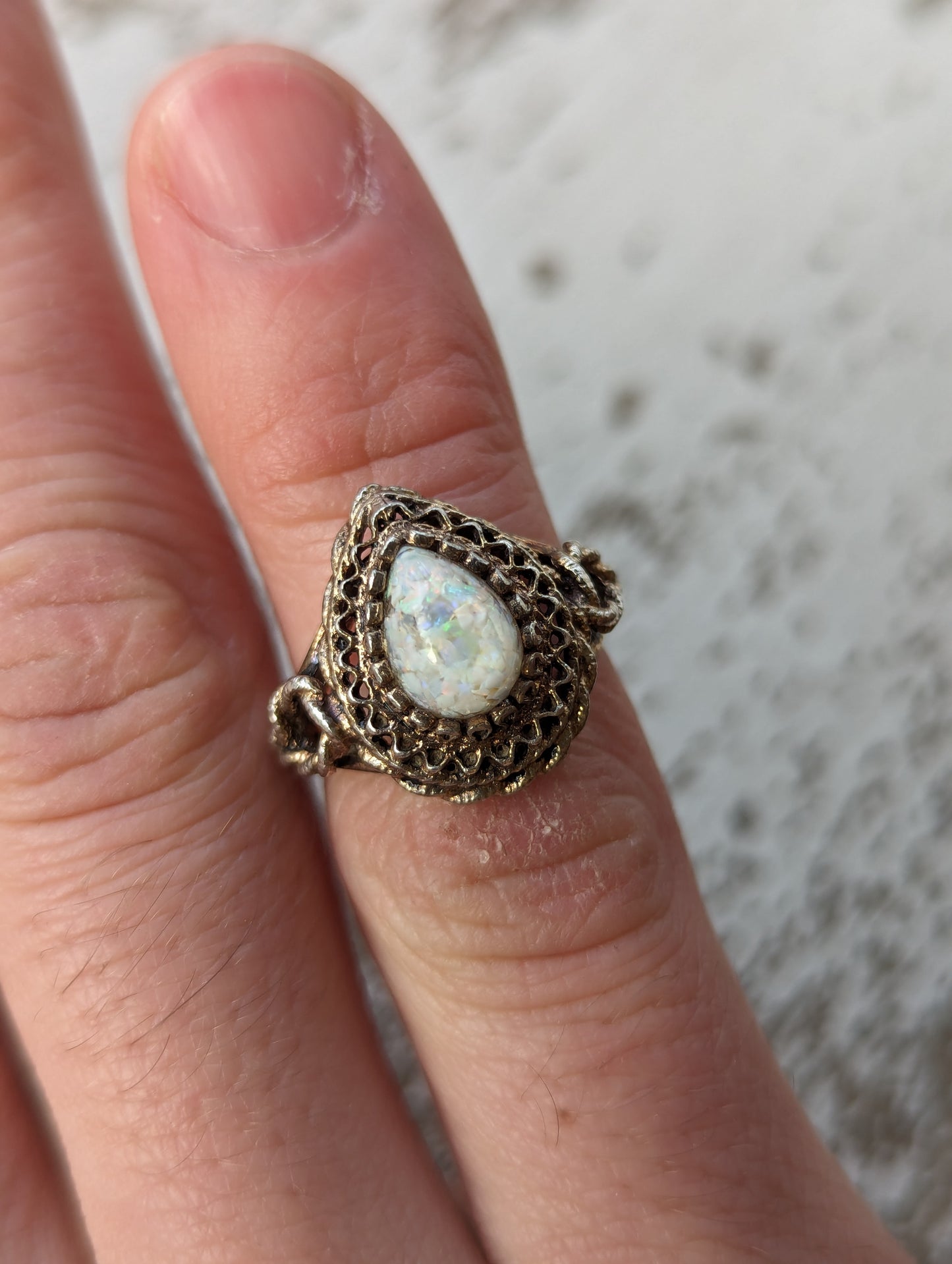 60s Sterling Filigree & Opal Cab Ring