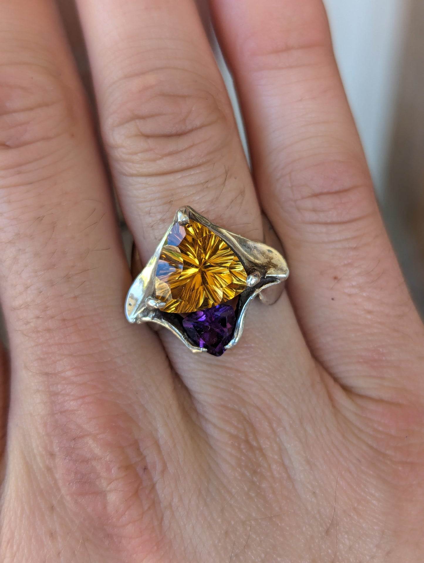 Modernist Sterling, Golden Topaz & Amethyst Ring