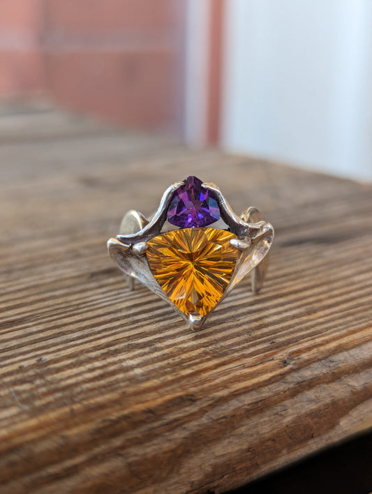 Modernist Sterling, Golden Topaz & Amethyst Ring