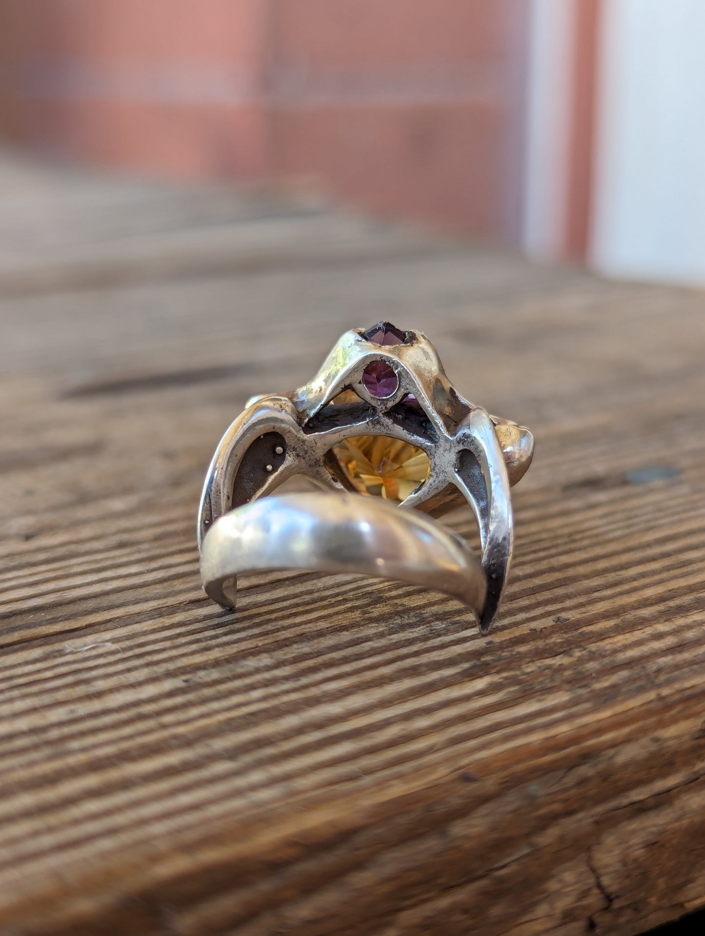 Modernist Sterling, Golden Topaz & Amethyst Ring