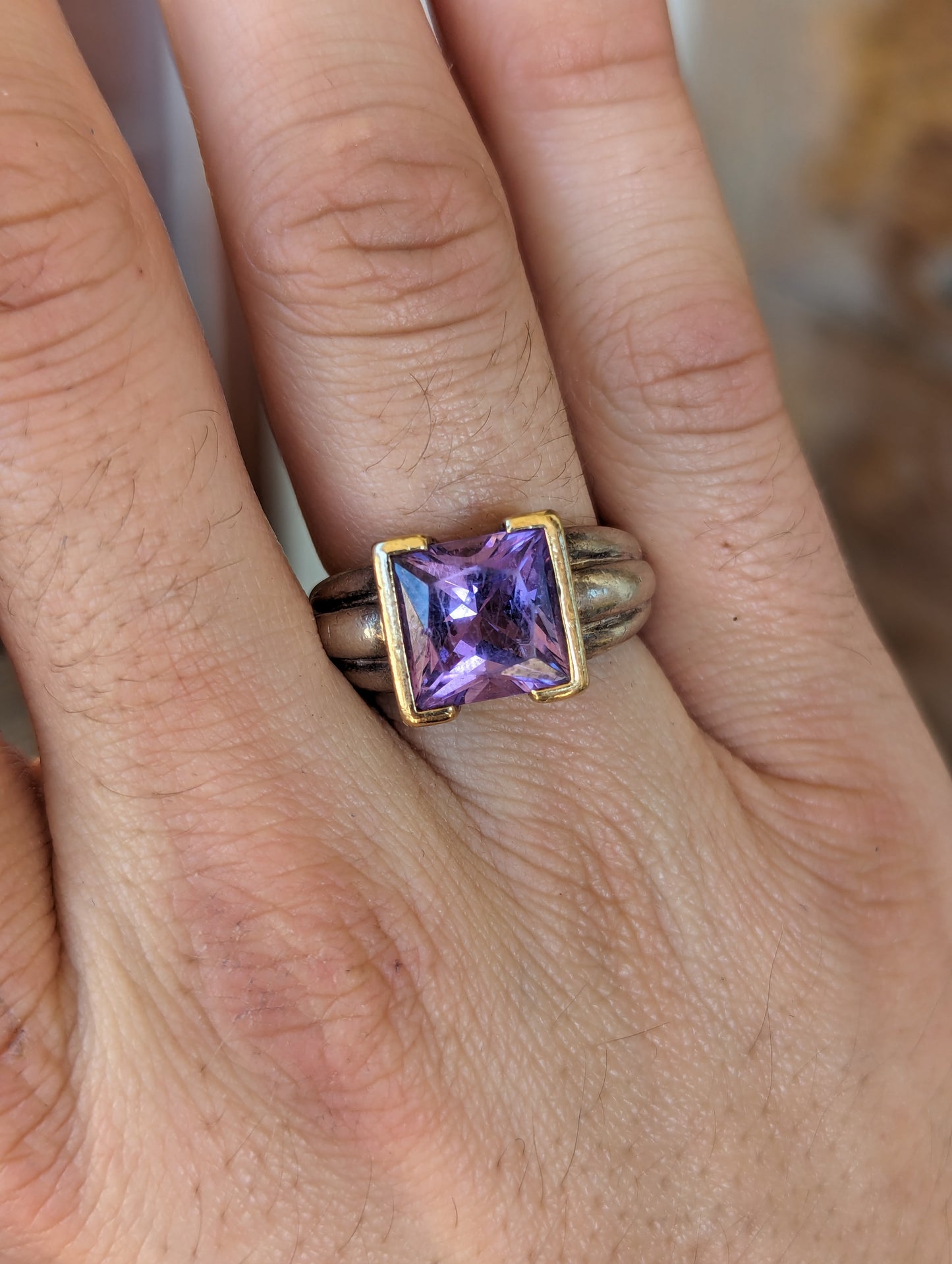 Sterling & 14K Square Cut Amethyst Ring *AS IS*