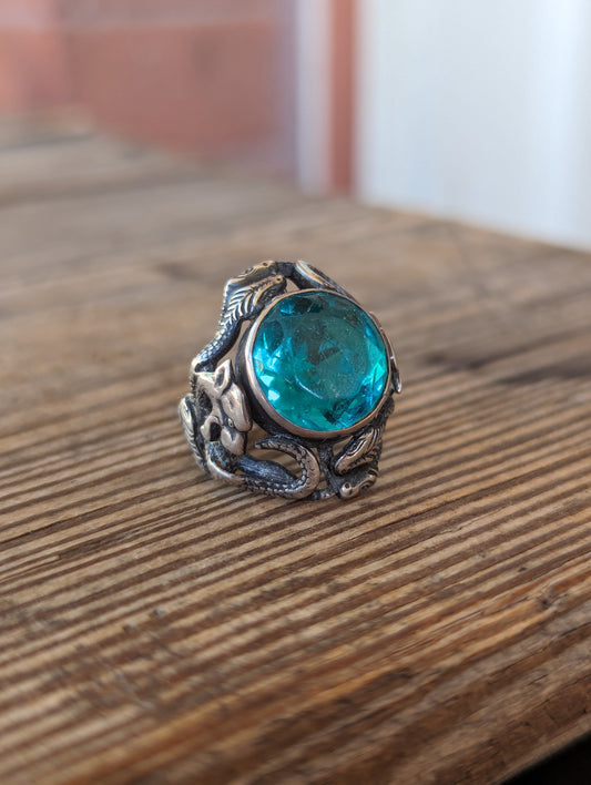 Early 1900s Art Nouveau Sterling & Czech Teal Paste Stone Ring *AS IS*