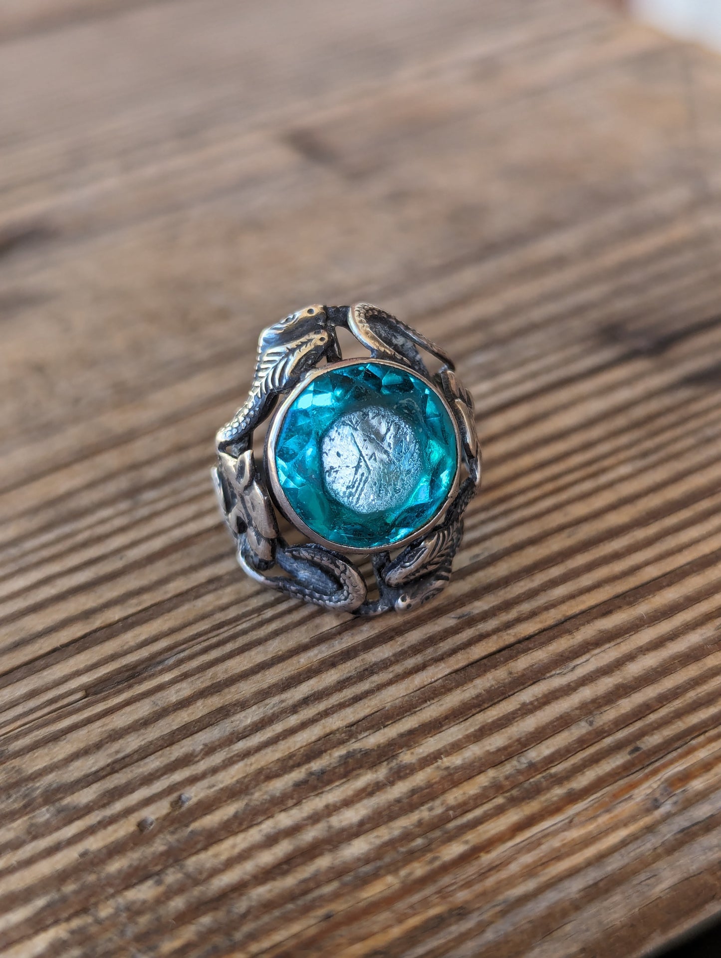 Early 1900s Art Nouveau Sterling & Czech Teal Paste Stone Ring *AS IS*