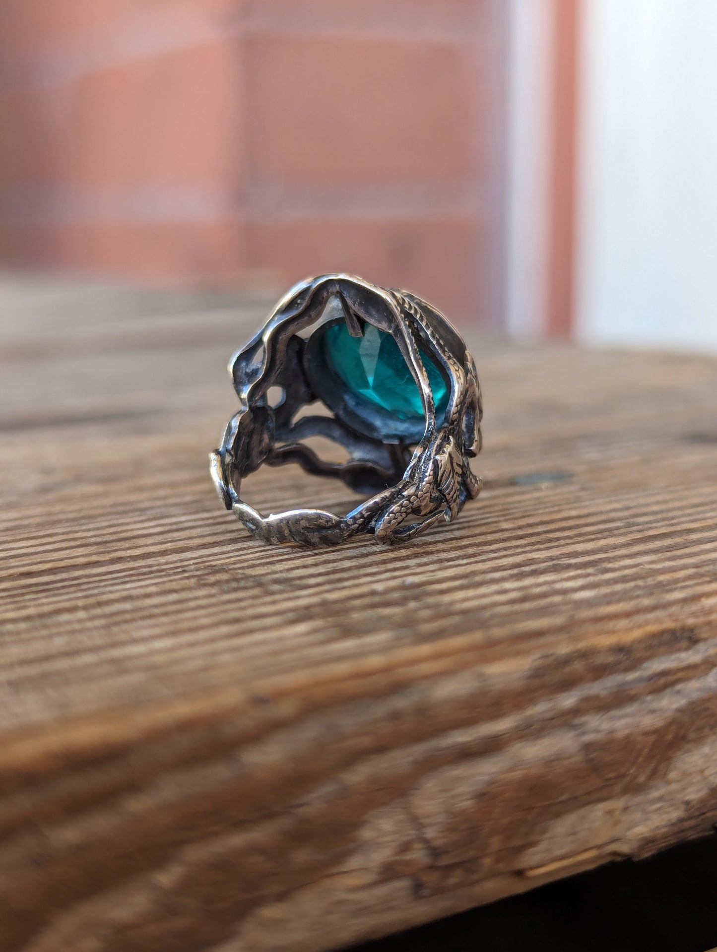 Early 1900s Art Nouveau Sterling & Czech Teal Paste Stone Ring *AS IS*