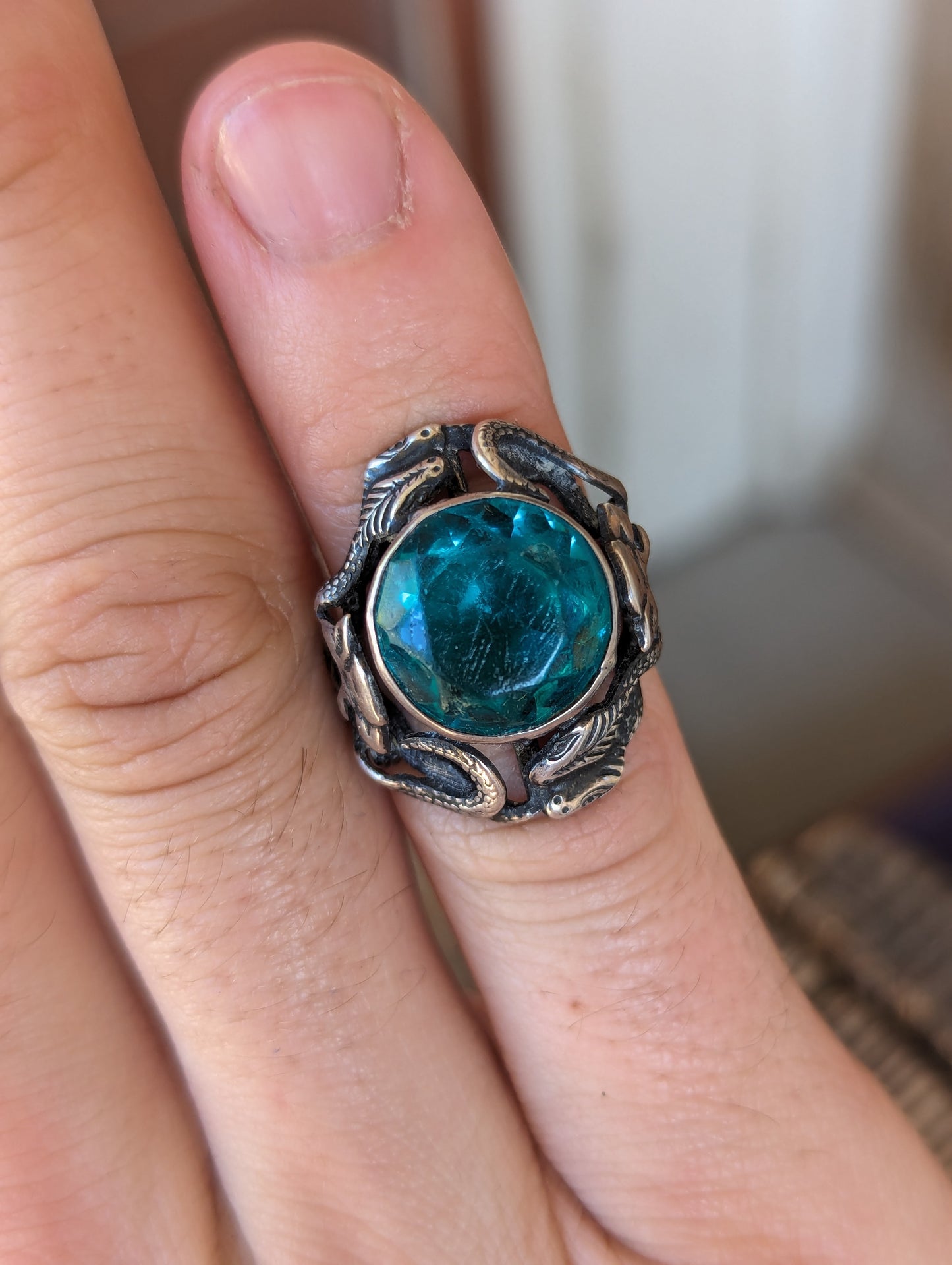 Early 1900s Art Nouveau Sterling & Czech Teal Paste Stone Ring *AS IS*