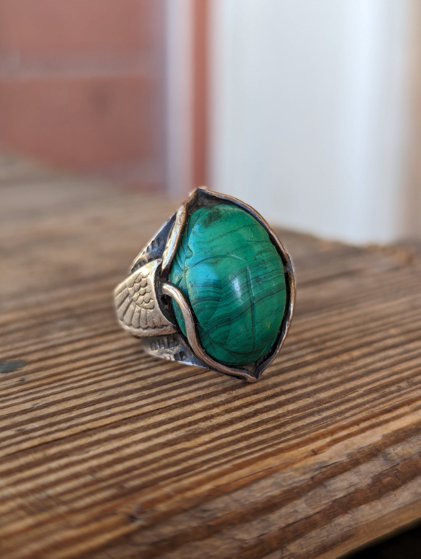 Victorian Sterling & Malachite Egyptian Revival Scarab Ring