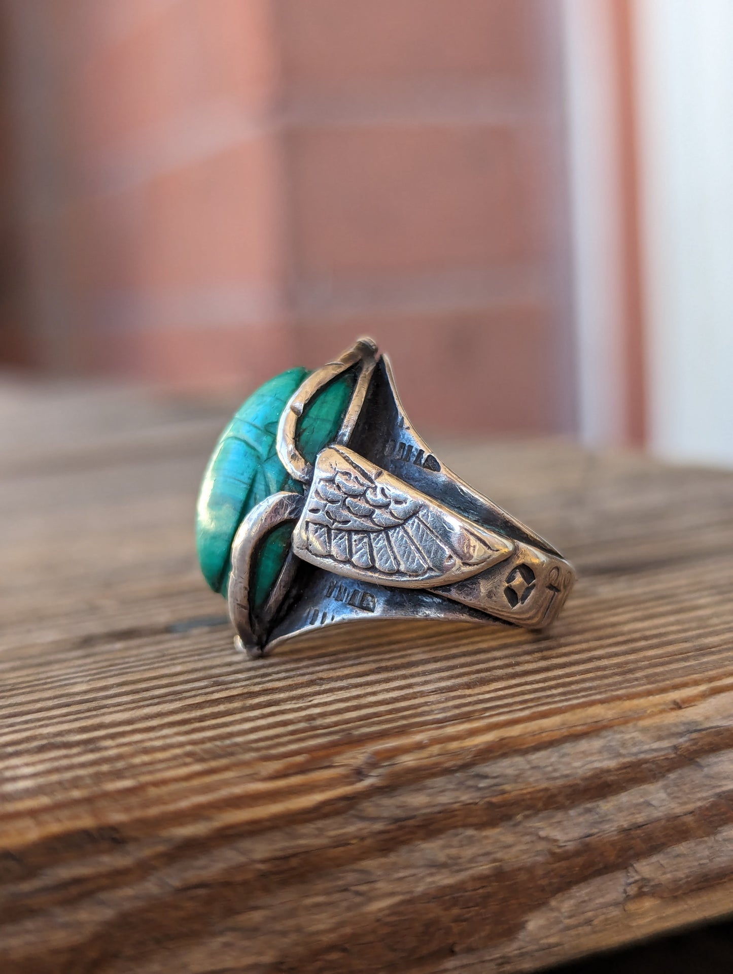 Victorian Sterling & Malachite Egyptian Revival Scarab Ring