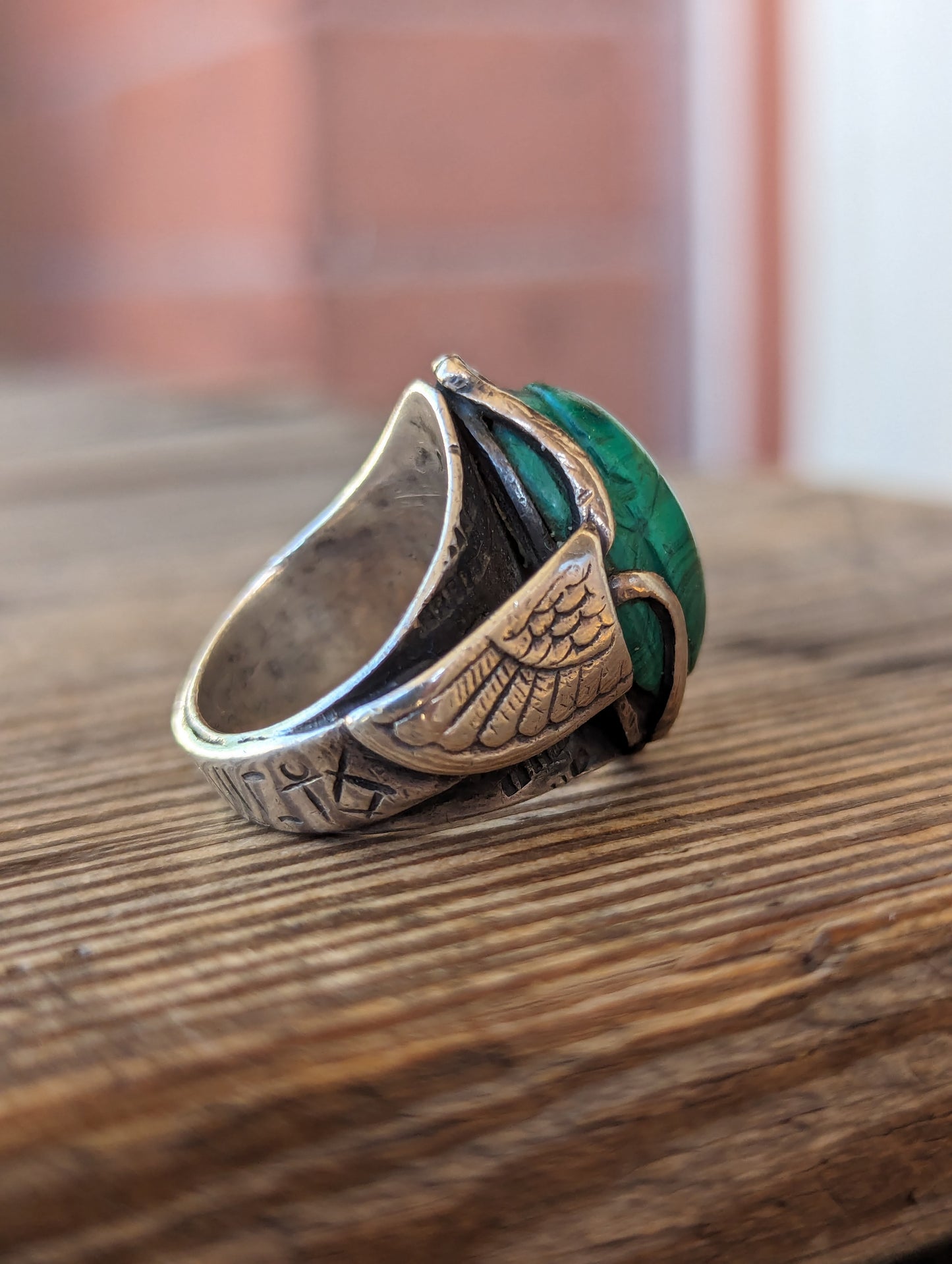 Victorian Sterling & Malachite Egyptian Revival Scarab Ring