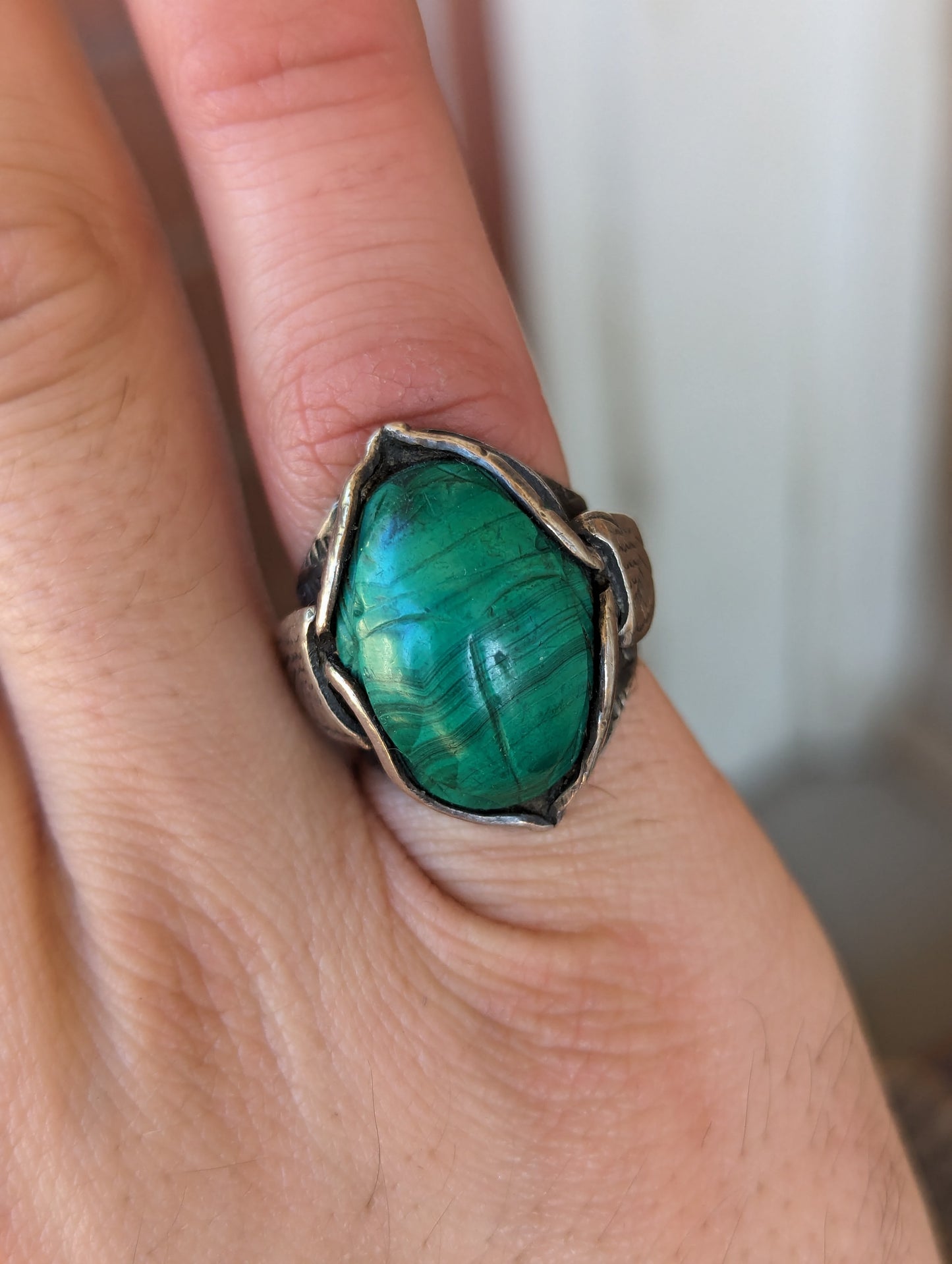 Victorian Sterling & Malachite Egyptian Revival Scarab Ring