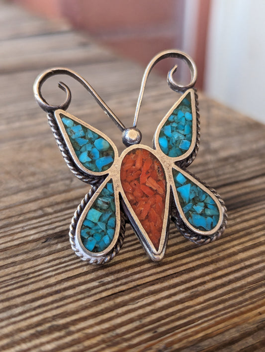 Navajo/Diné Split Shank Sterling & Turquoise/Coral Butterfly Ring