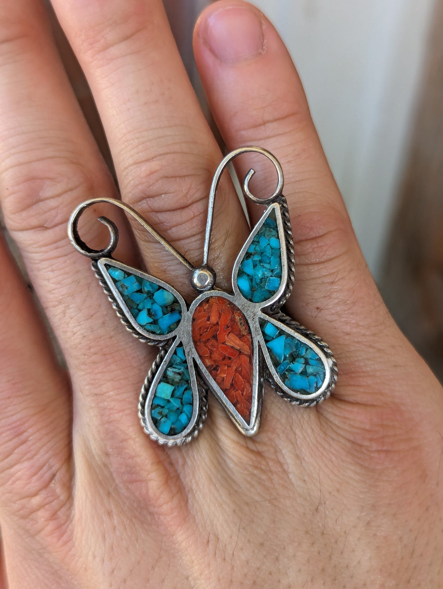 Navajo/Diné Split Shank Sterling & Turquoise/Coral Butterfly Ring