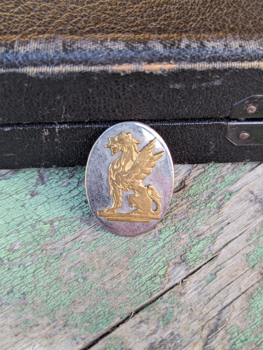 c.1880 Victorian Nickel & Gold Plate Brass Gryphon Lapel Button