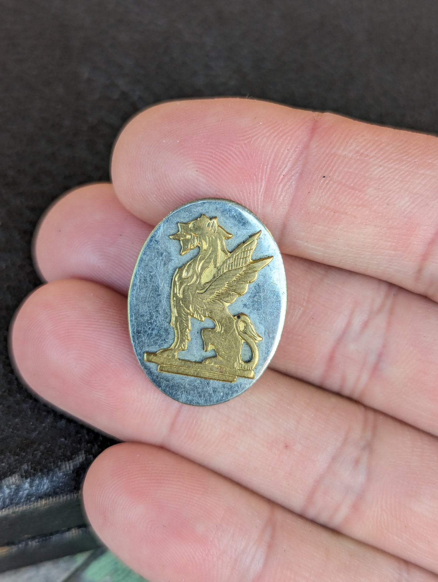 c.1880 Victorian Nickel & Gold Plate Brass Gryphon Lapel Button