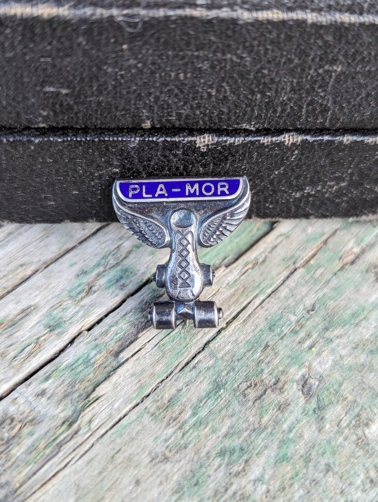 1950s Enamel Sterling PLA-MOR Winged Roller Skate Pin