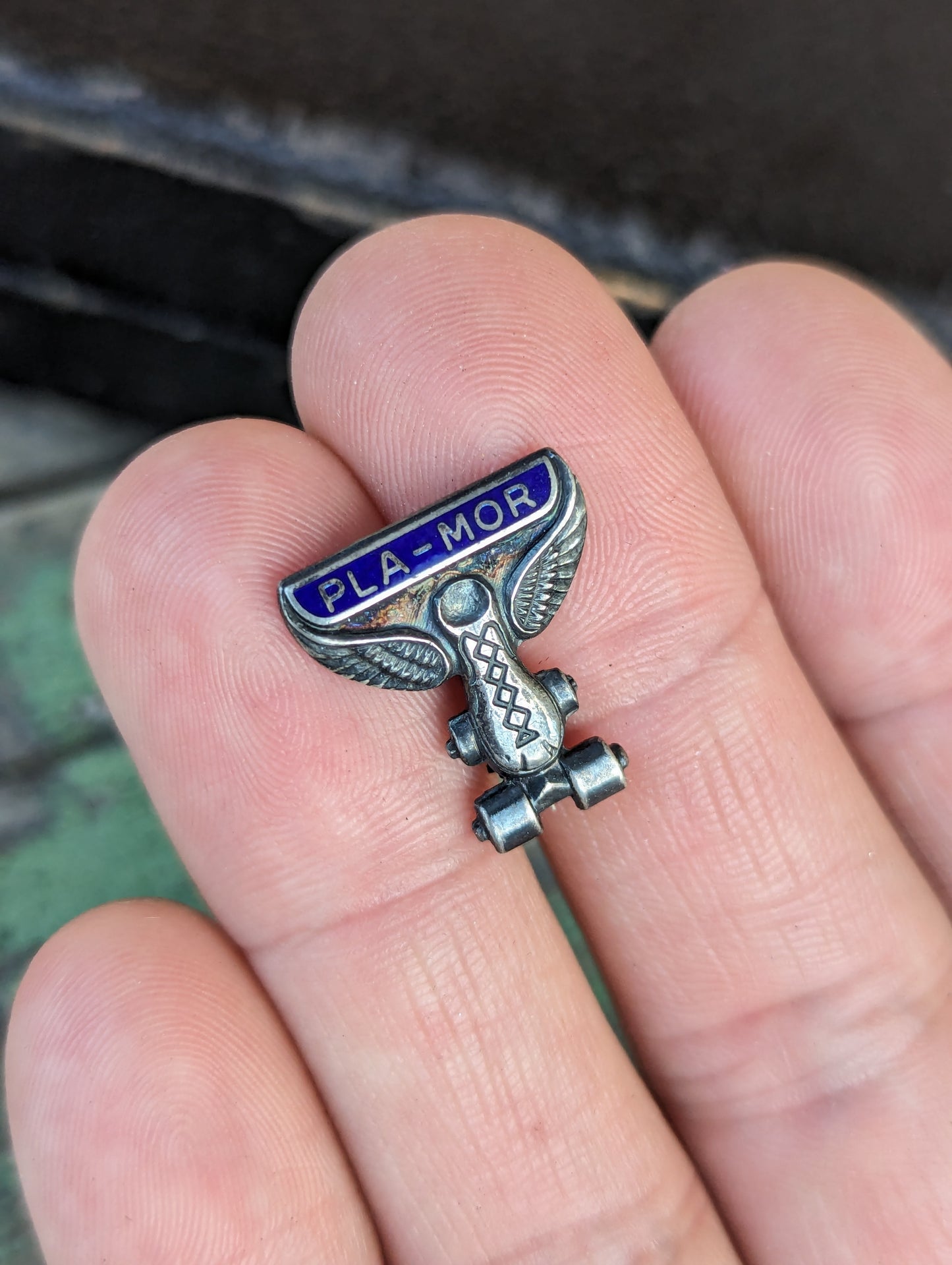 1950s Enamel Sterling PLA-MOR Winged Roller Skate Pin