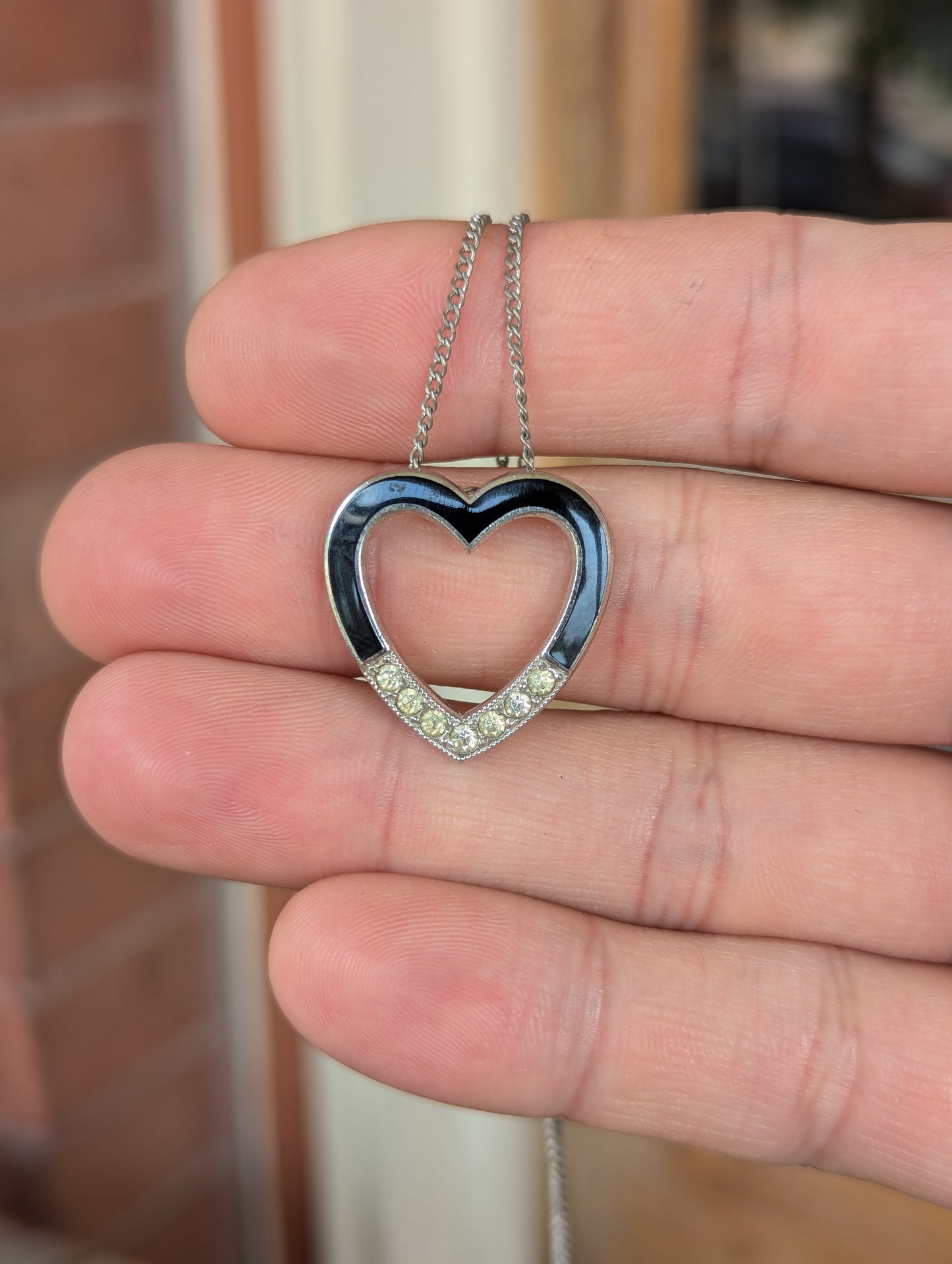 1950s Rhodium Finish Sterling/Enamel & Paste Stone Heart Necklace