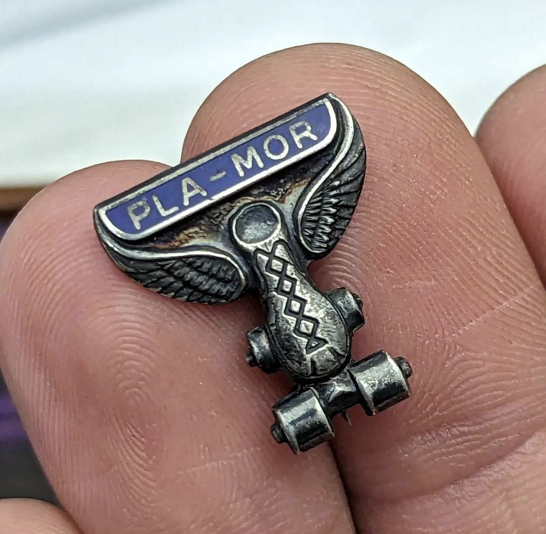 1950s Enamel Sterling PLA-MOR Winged Roller Skate Pin