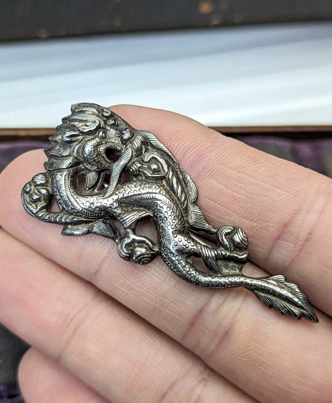 Antique *likely Korean* Repousse Sterling Dragon Brooch