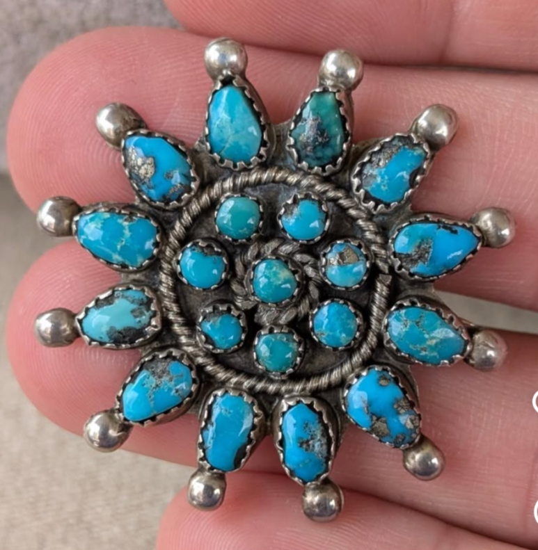 Zuni Sterling Turquoise Starburst Concho Brooch for Patara