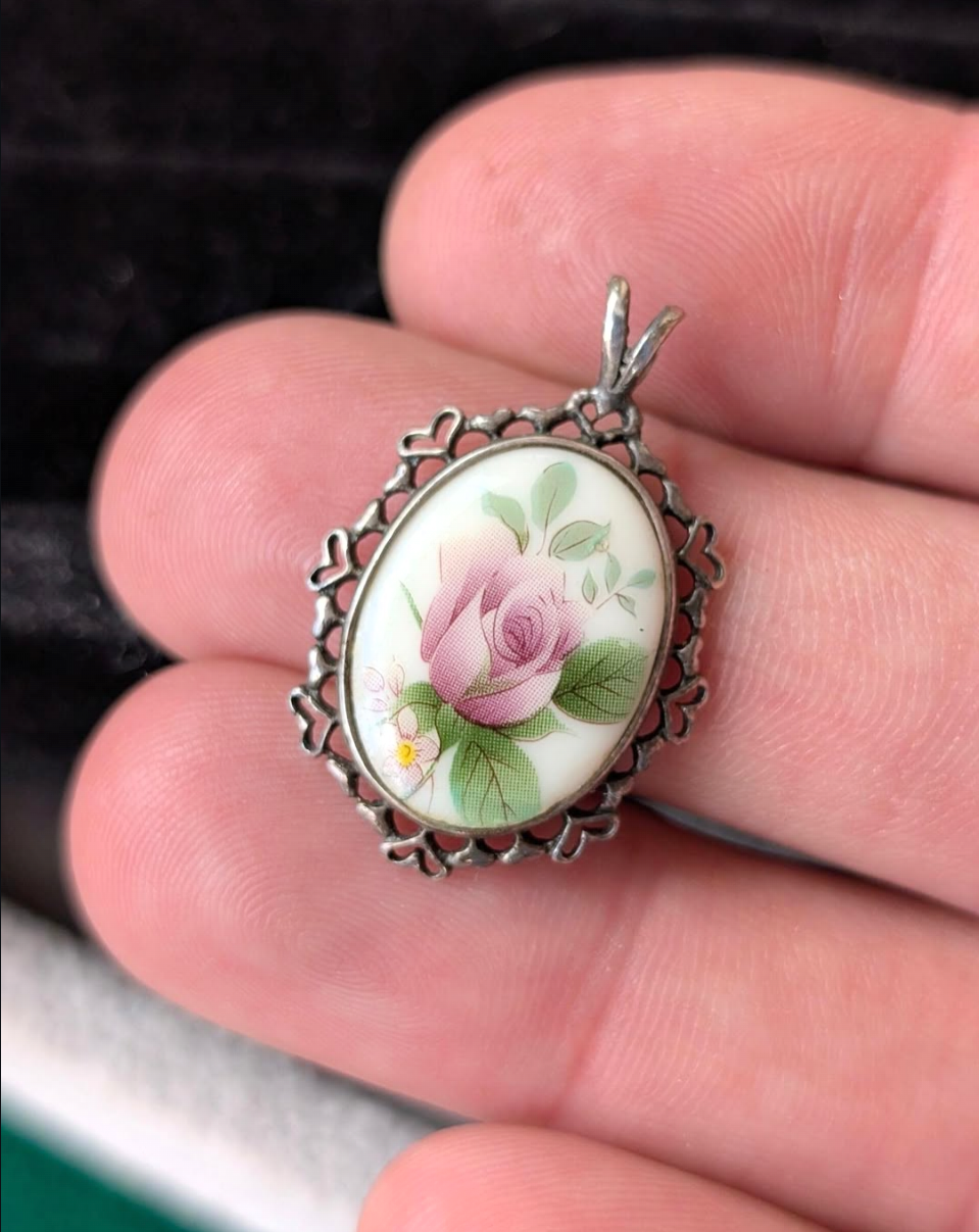 Vintage Cast Sterling & Printed Porcelain Floral Pendant