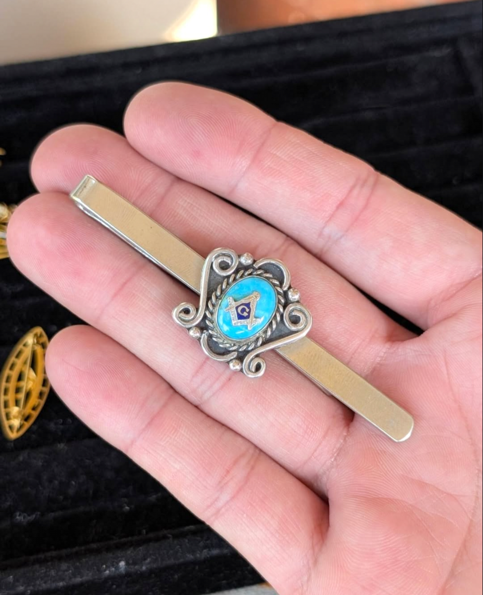 Navajo/Diné Sterling & Turquoise Masonic Tie Bar