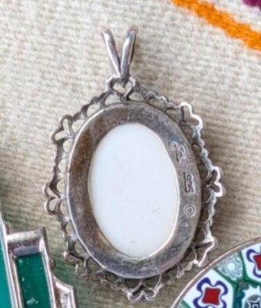 Vintage Cast Sterling & Printed Porcelain Floral Pendant